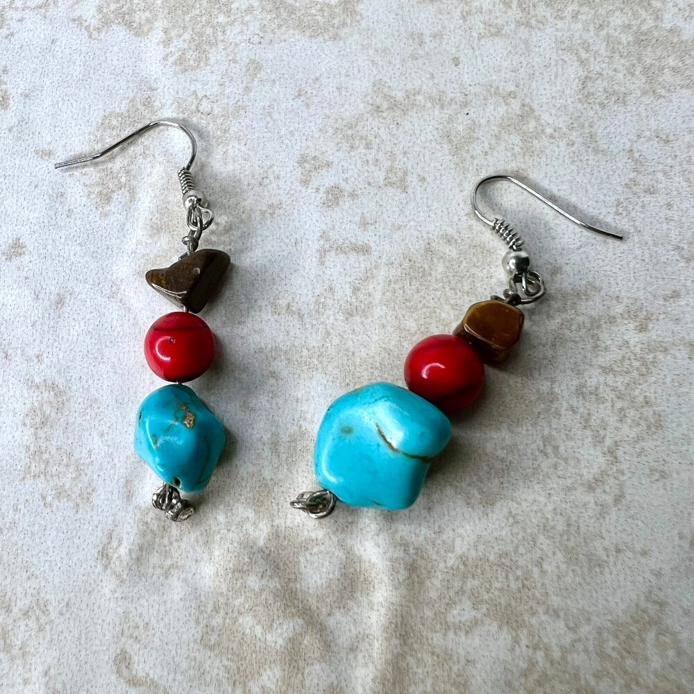 Boho Turquoise Jasper Cat’s Eye Dangle Earrings Southwestern Silver tone